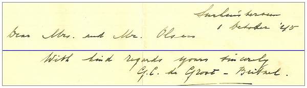 Letter from Rev. de Groot to Mr. and Mrs. Olson - 01 Oct 1945