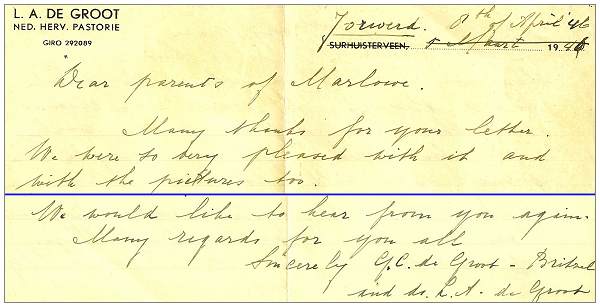 Letter from Rev. de Groot to Marlowe - 08 Apr 1946