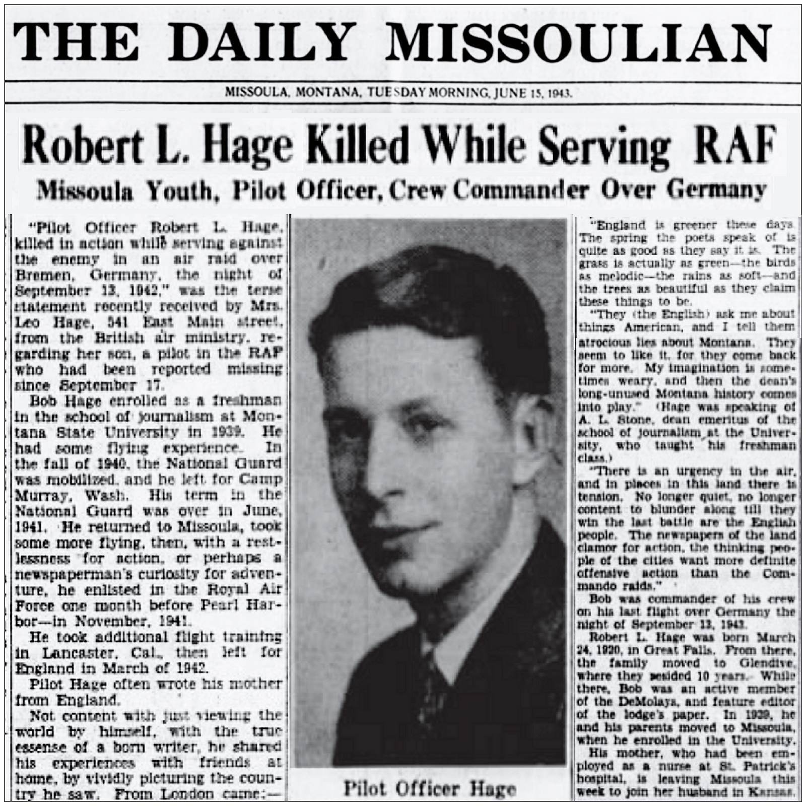 Article in The Daily Missoulian - 15 Jun 1943