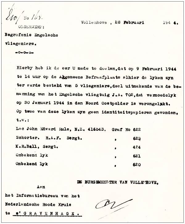 Letter - 28 Feb 1944 - burial of five Airmen from JA702