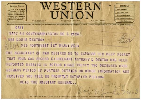 2nd Lt. Anthony L. Destro - reported Missing In Action - Telegram