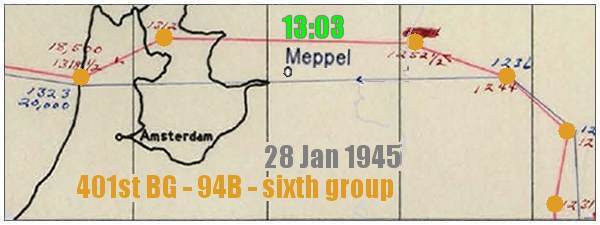 94B - flown route - 1231-1239-1244-125230-1312-131830 on 28 Jan 1945 - Cologne