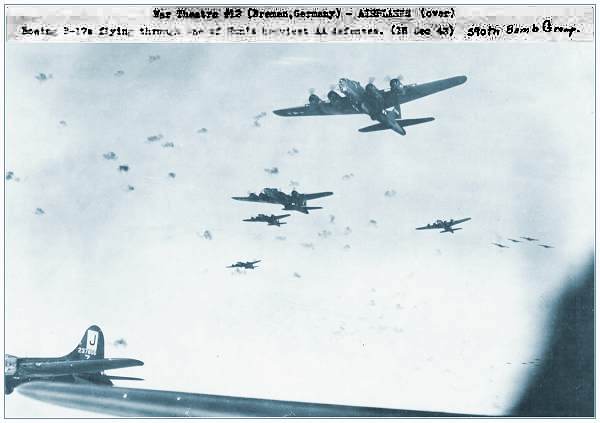 390 BG - #42-31218 (top) and #42-37806 (left) over Bremen, Germany - 16 Dec 1943