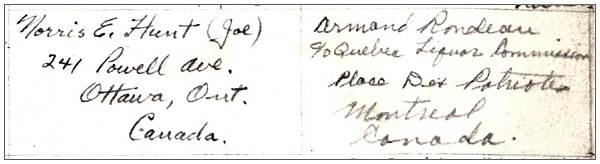 Addresses of Joe Hunt and Armand Rondeau - as in Logbook (p.57) of Sgt. Arthur E. Adams of No.106 Sqn. RAF