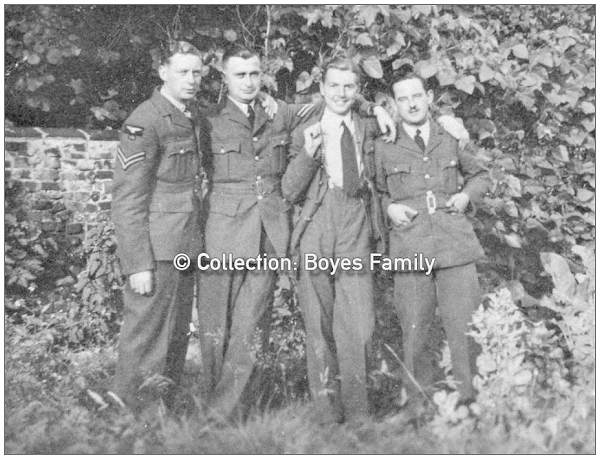 Three unknown airmen with Sgt. James Riby Boyes on the right - collection: Boyes family