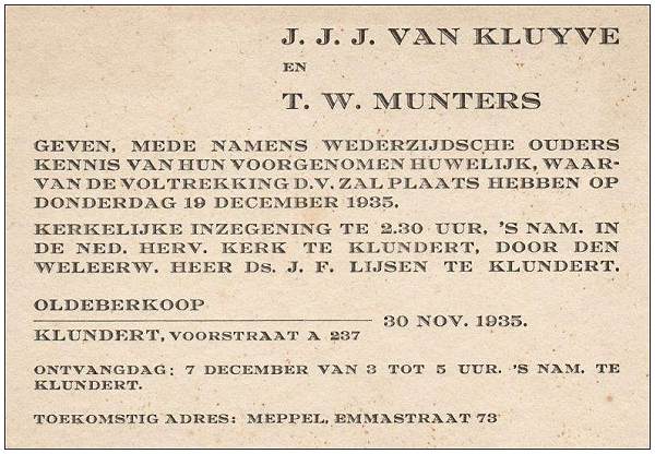 Announcement - Marriage 19 Dec 1935 - J. J. J. van Kluyve and T. W. Munters