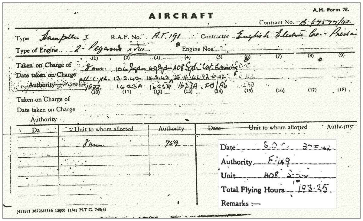 Hampden B.Mk.I - AT191 - EQ-A - Aircraft Contract A.M. Form 78