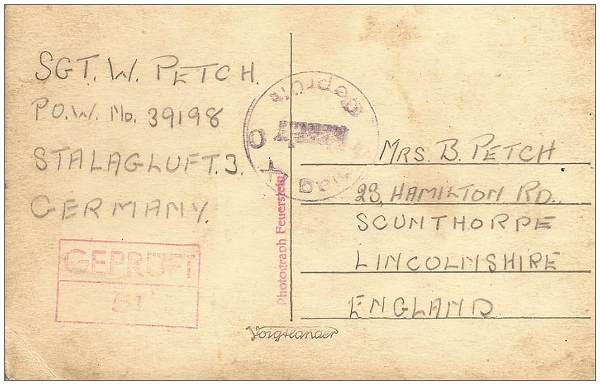 Back of Postcard - Sent by Sgt. Walter Petch - POW 3918 - Stalag Luft 3