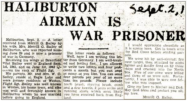 'Haliburton Airman Is War Prisoner' - F/Sgt. Merrill George Bailey - RCAF