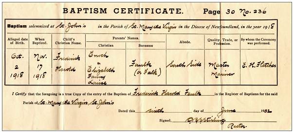 Baptism Certificate - Frederick Harold Falk - 17 Nov 1918