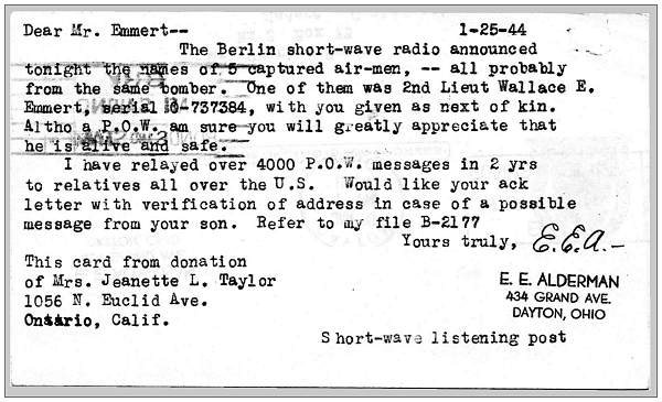 Berlin short-wave radio - 25 Jan 1944 - 2nd Lt. Wallace E. Emmert