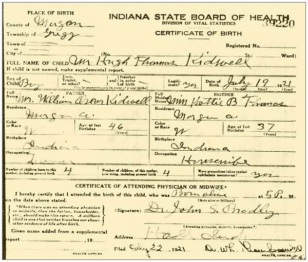 19 Jul 1921 - Hugh Thomas Kidwell- Morgan County, Indiana