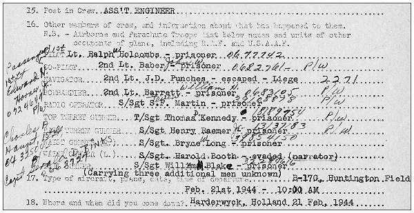 Crew order given by S/Sgt. Harold M. Booth in his Escape & Evasion report