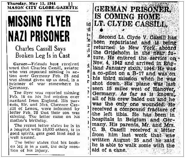 MISSING FLYER NAZI PRISONER - GERMAN PRISONER, IS COMING HOME LT. CLYDE CASSILL