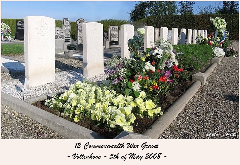 Commonwealth War Graves - Vollenhove - 5 May 2008
620 = Race, George Albert - UK
621 = Sloan, John Johnstone - UK
622 = Rule, John Edward - New Zealand
623 = Shorter, Edward Arthur - UK
624 = Ball, Kenneth Richard - UK
625 = Hemingway, Colin - Australia
626 = Cowell, Albert Edward - UK
627 = Weatherill, Jack - Australia
628 = Looney, Francis Noel - Australia
629 = Lloyd, Albert Eric - UK
630 = Bond, Alan Denis - UK
631 = Gibbs, Jack Edward - Canada