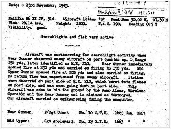 Claim ME210 - 23 Nov 1943 - RG Fl. Sgt. Grant and MUG Sgt. Appleyard