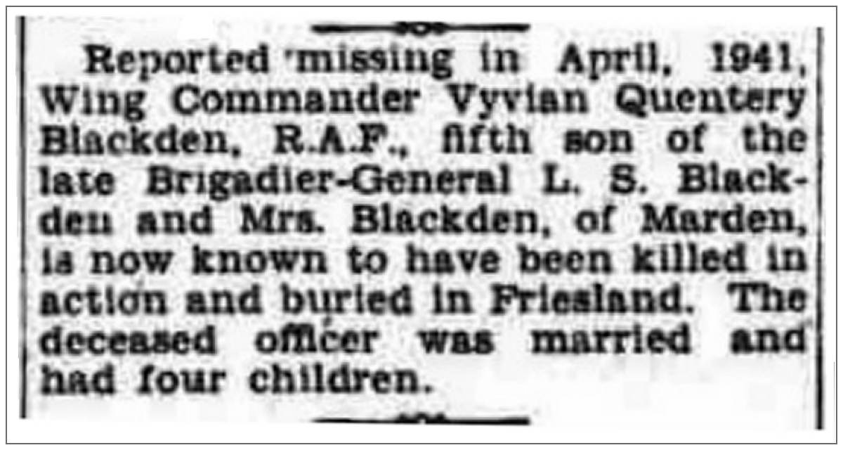 16236 - Wing Commander - Pilot - Vyvian Quentery Blackden - RAF - Age 34 - KIA