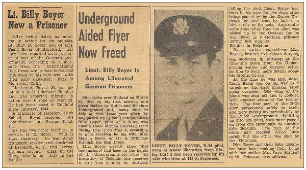 Clips of Lt. Billy Boyer - Newspaper 1944 / 1945 - TX/CA, USA