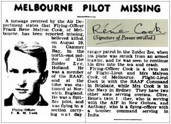 Newsclip - The Argus, 12 Oct 1944, Melbourne - inset is own signature