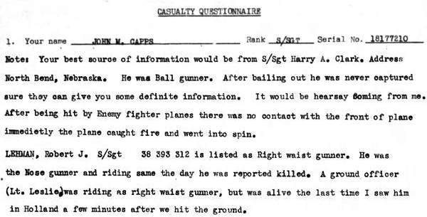 Correction of crew positions as given by S/Sgt. John M. Capps in MACR #8429 - page 29-30