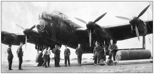 Sgt. John Johnstone Sloan - 3rd Right - in front Lancaster K2 - likely summer 1943, Elsham Wolds