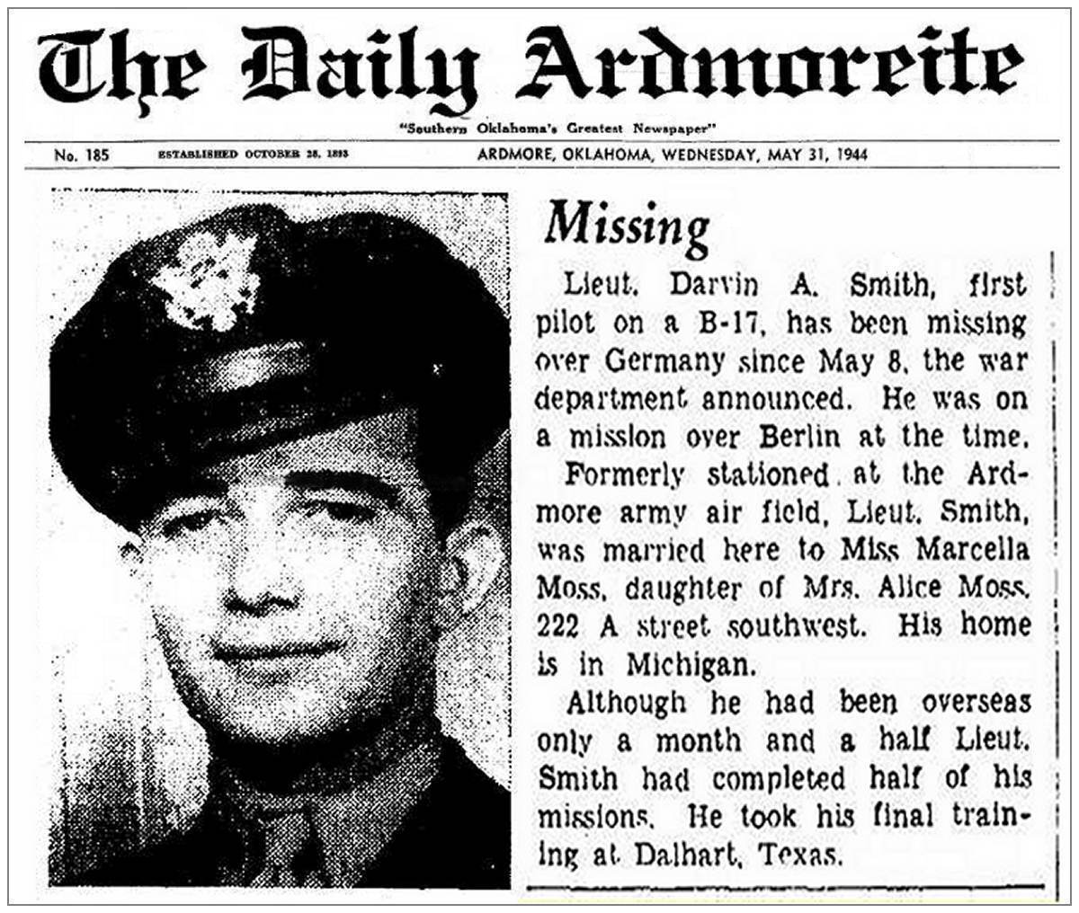 MISSING - Lt. Darvin A. Smith - The Daily Ardmoreite, OK - 31 May 1944