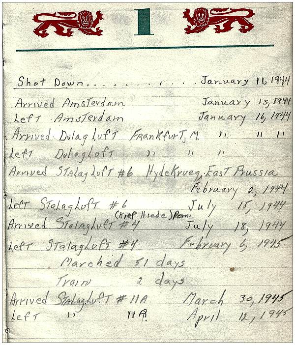 Dates from 11 Jan 1944 to POW Camps - T/Sgt. Vernon Pierce Brubaker Jr. - logbook
