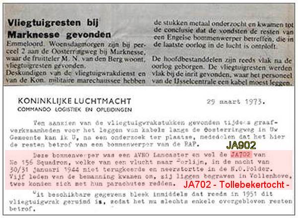Debris found - March 1973 - clip letter of Bergingsdienst KLu - 29 Mar 1973 . . . . . It's JA902 - info PATS - 08 Nov 2018
