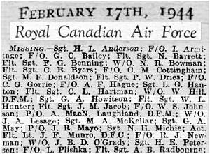 17th Feb 1944 - RCAF - Missing