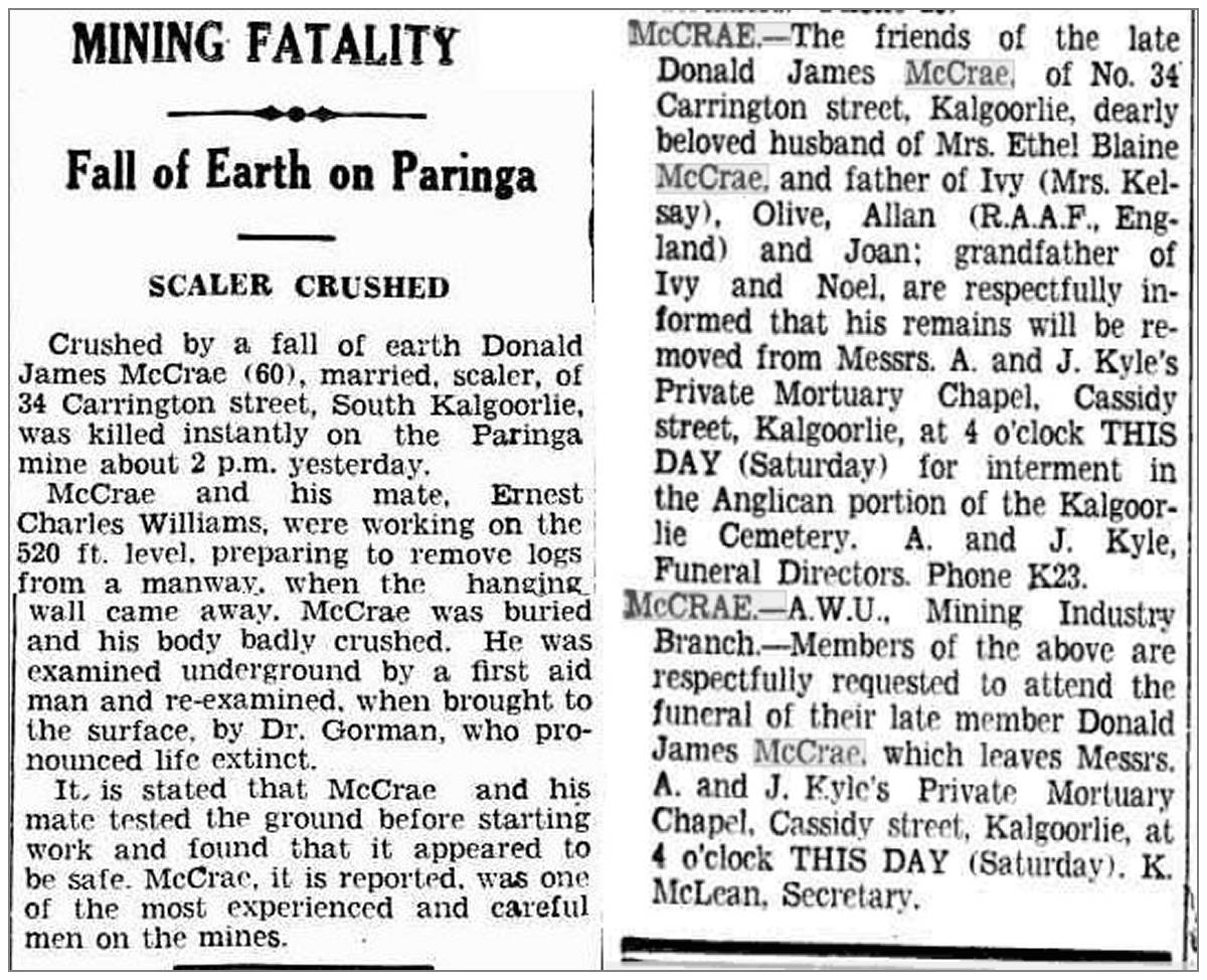 11 Jun 1942 - Mining accident - Donald James McCrae