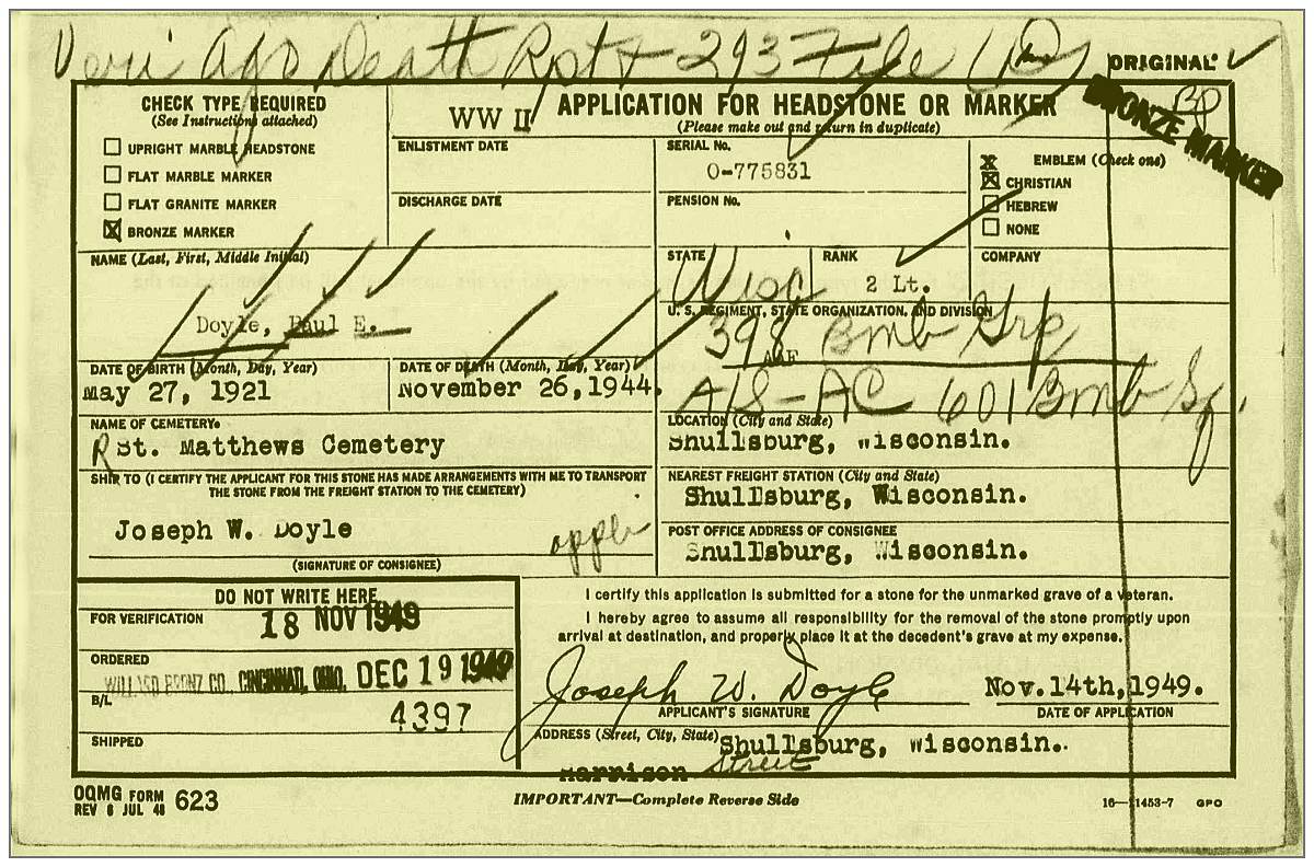 2nd Lt. Paul E. Doyle - record from IDPF '293' file