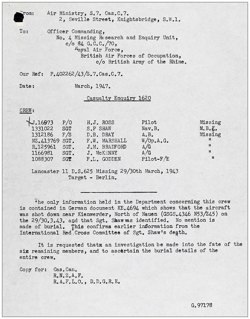 Shaw identified - but no known burial or grave - March 1947