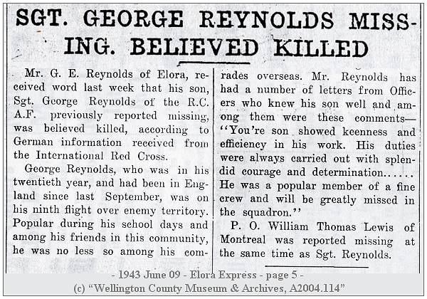 Elora Express - 09 Jun 1943 - page 5 - Sgt. Reynolds - Sgt. Lewis - Missing