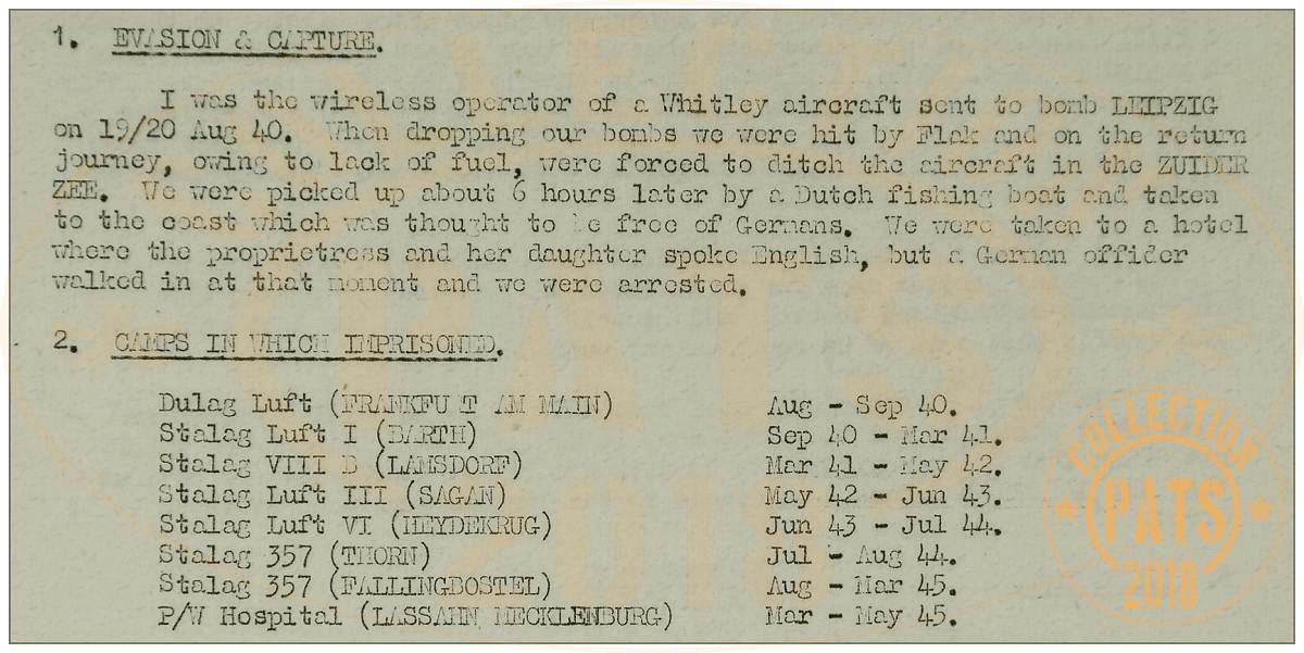 Entwistle - M.I.9. record - Zuiderzee - Hotel (proprietress and daughter) - captured