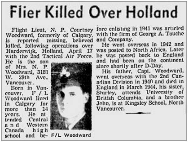 Flier Killed Over Holland - F/Lt. N. P. C. Woodward - Age 23