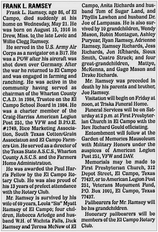 The Victoria Advocate - obituary - Frank L. Ramsey