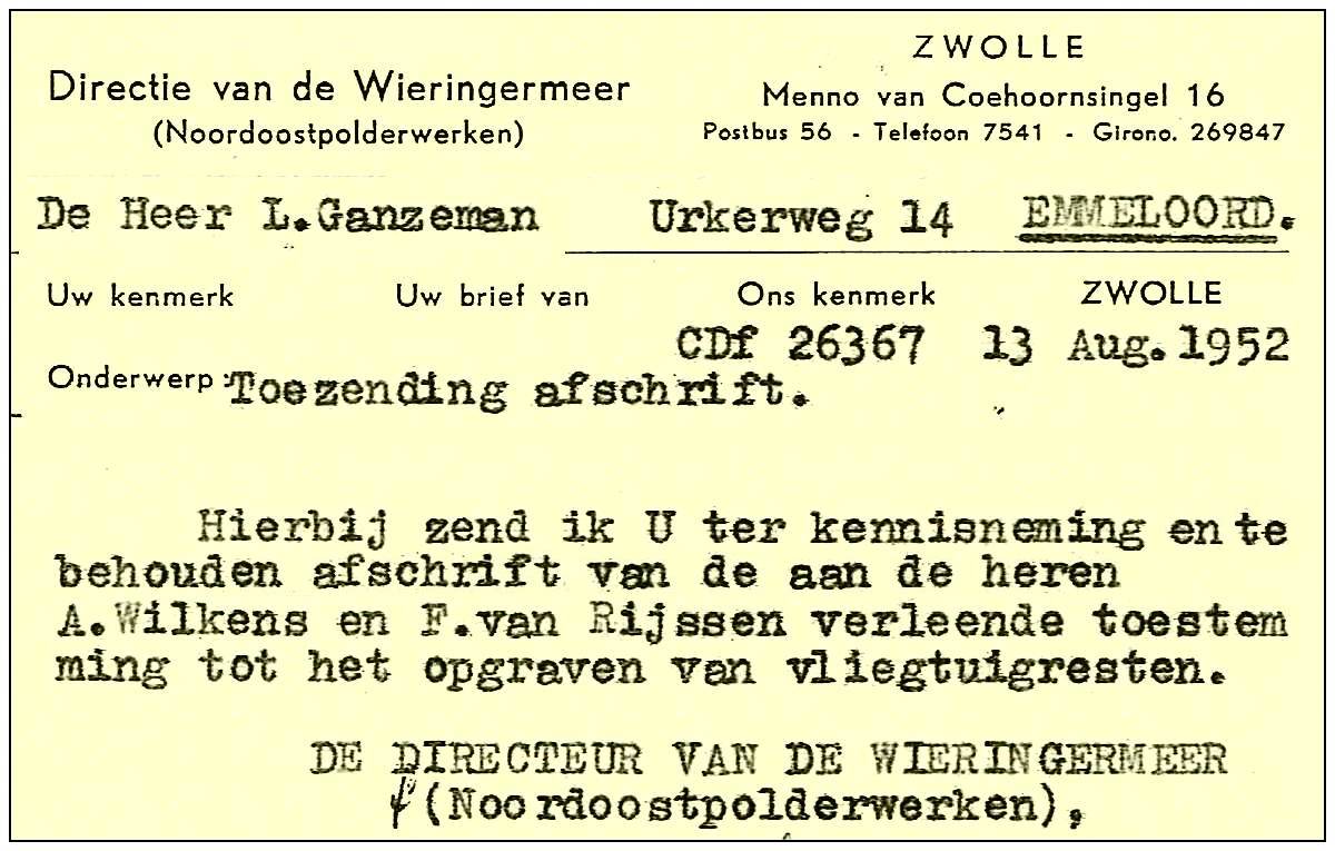 13 Aug 1952 - Excavation permit for A. Wilkens and F. van Rijssen