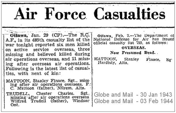 R.C.A.F. - casuality lists 485 - 795 - Globe and Mail - 30 Jan 1943 - 03 Feb 1944