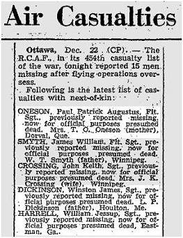 Globe and Mail - 23 Dec 1942 - Oneson - Dickinson - Harrell