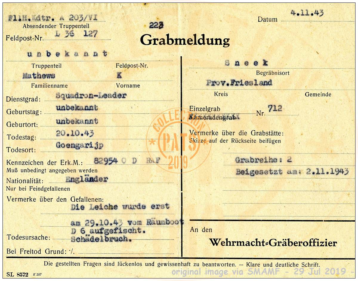 04 Nov 1943 - Grabmeldung - Squadron Leader K. Mathews - Einzelgrab Nr. 712