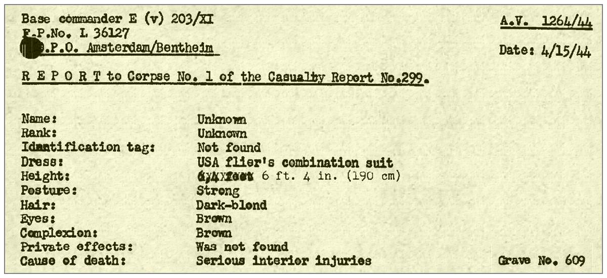 Corpse No. 1 - Casualty report No. 299 - via AV 1264/44
