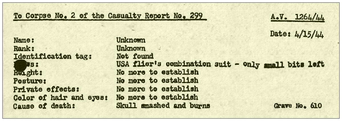Corpse No. 2 - Casualty report No. 299 - via AV 1264/44