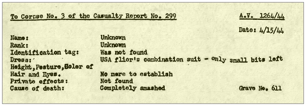 Corpse No. 3 - Casualty report No. 299 - via AV 1264/44