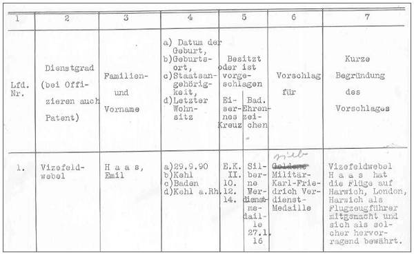 Emil Haas - Vorschlag und Kurze Begründung - 29 Jul 1917