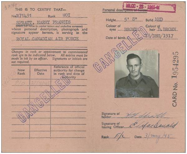 R/71491 - WO1 - Harry Francis Spratt - RCAF - ID Card No. 1954295
