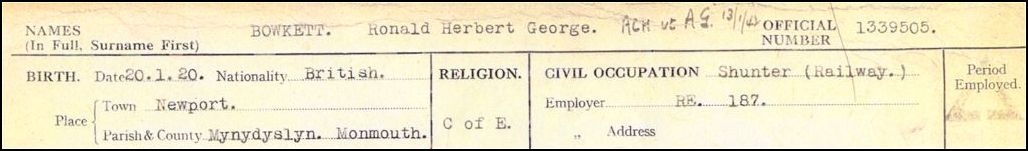 Header Service card - Ronald H G Bowkett - RAFVR