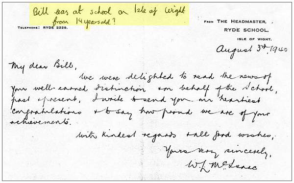 Letter to Bill - 03 Aug 1940 - Headmaster Ryde School, Isle of Wight