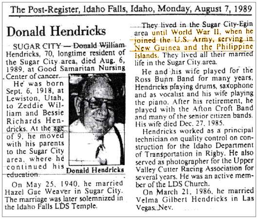 clip of Obituary- Donald W. Hendriks - 1989