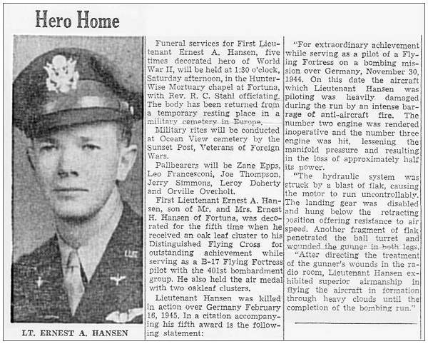 Newsclip - Hero Home - Lt. Ernest A. Hansen