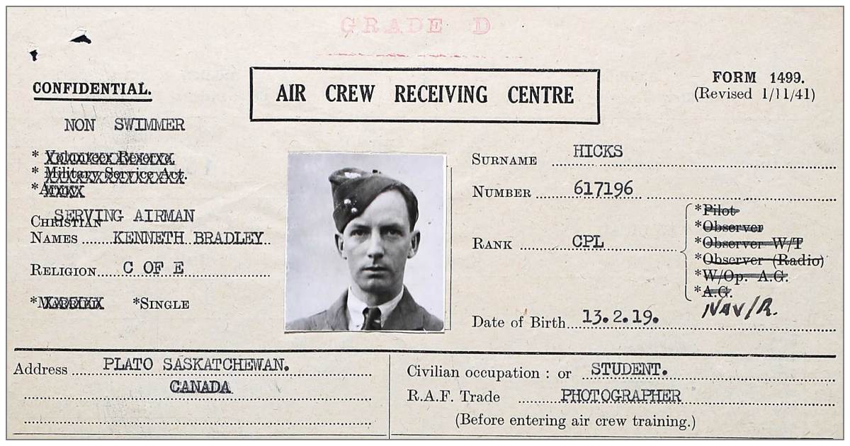 R/225529 - RAF 617196 - J/93442 - Pilot Officer - Navigator - Kenneth Bradley Hicks - RCAF